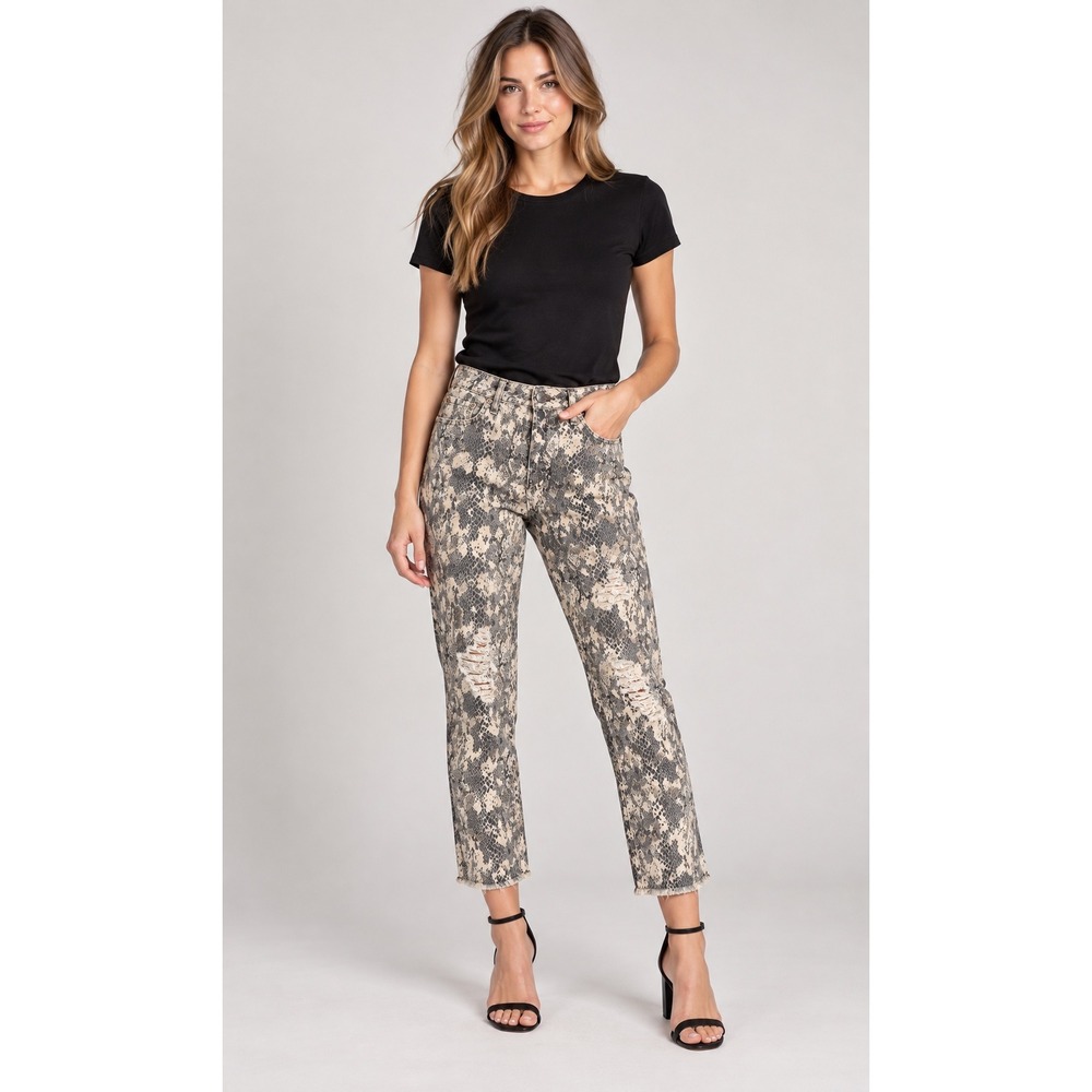 Edgy Easel Snakeskin Print Distressed Crop Jeans Small Beige Gray Raw Hem Small